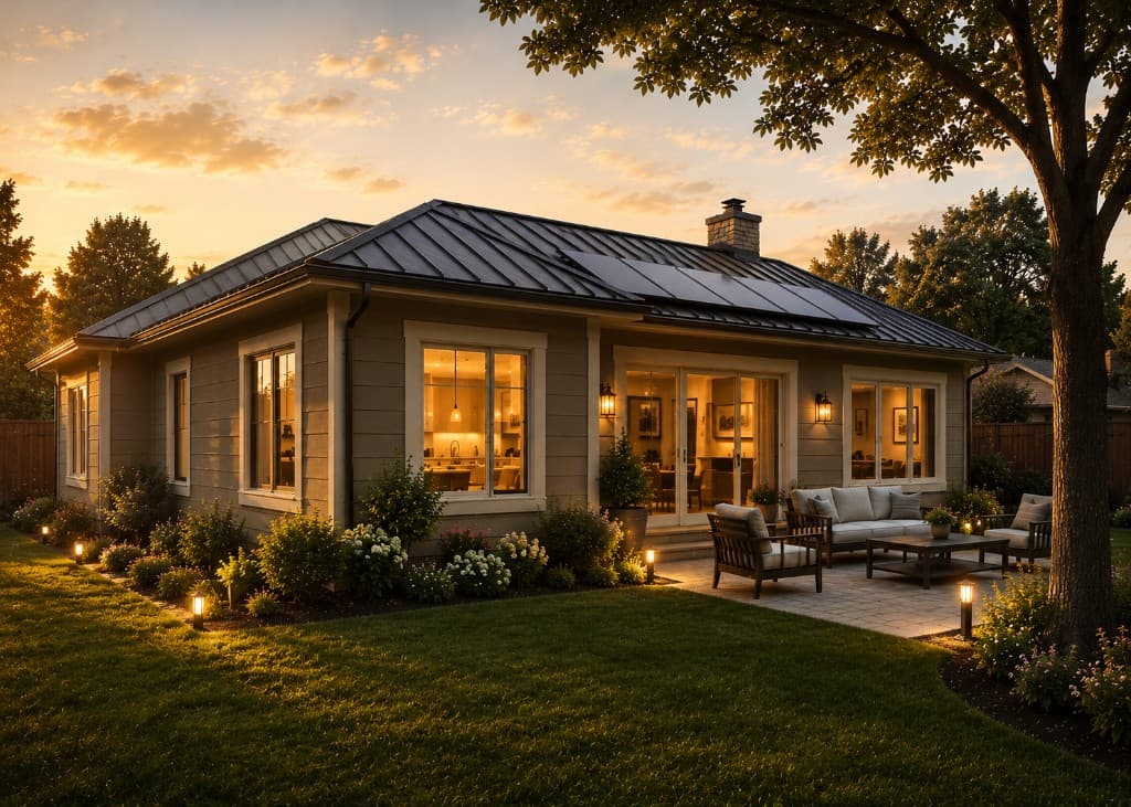 Home exterior eighteen months later at golden hour with new metal roof and solar panels