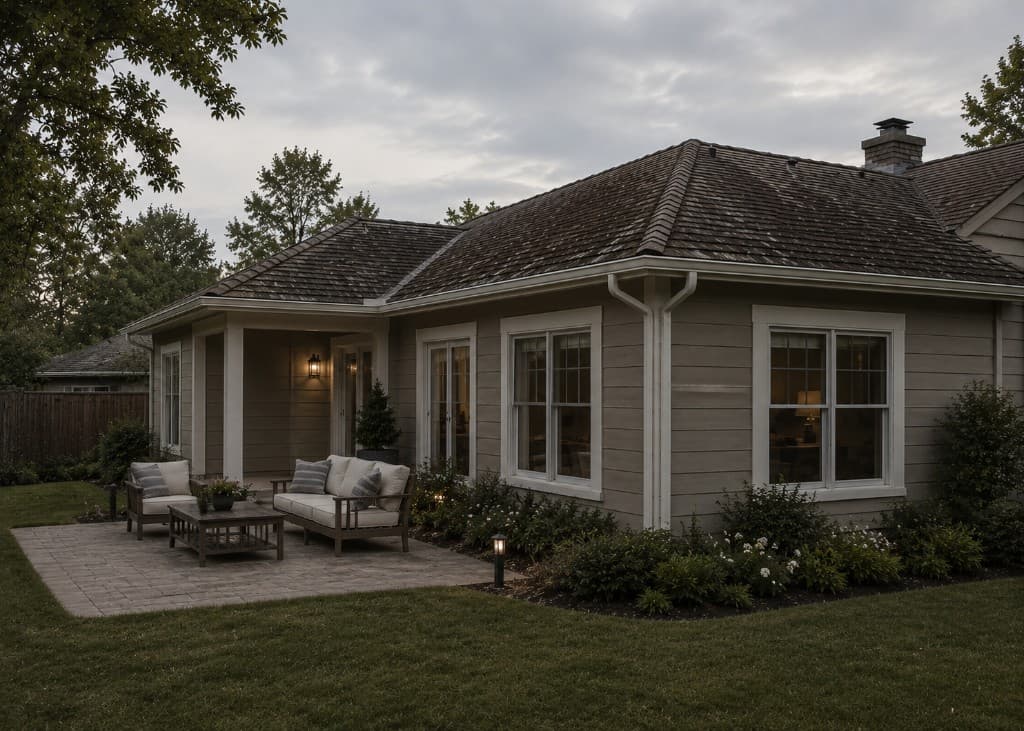 Home exterior before replacement, neutral overcast exposure