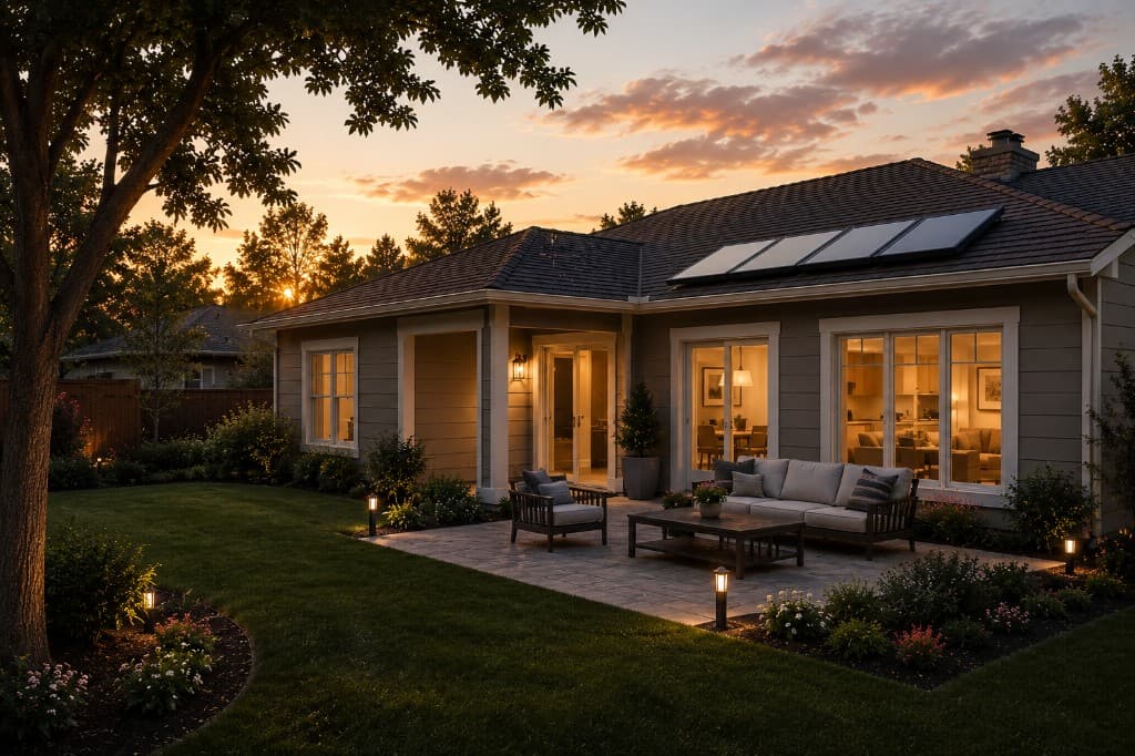 Modern home exterior at sunset with landscaped backyard
