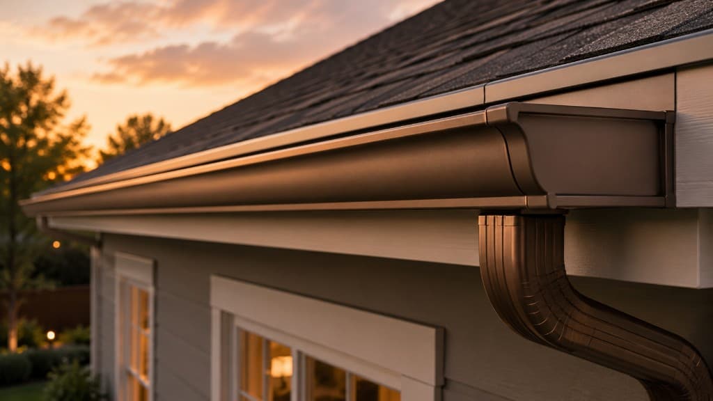 Matte bronze gutter and downspout at sunset