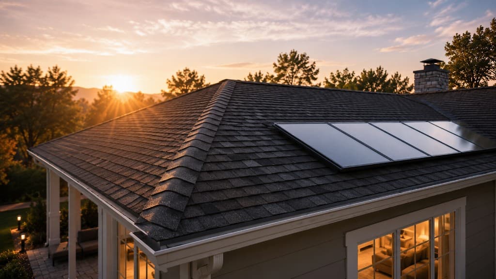 Roof ridge detail at sunrise with solar panels
