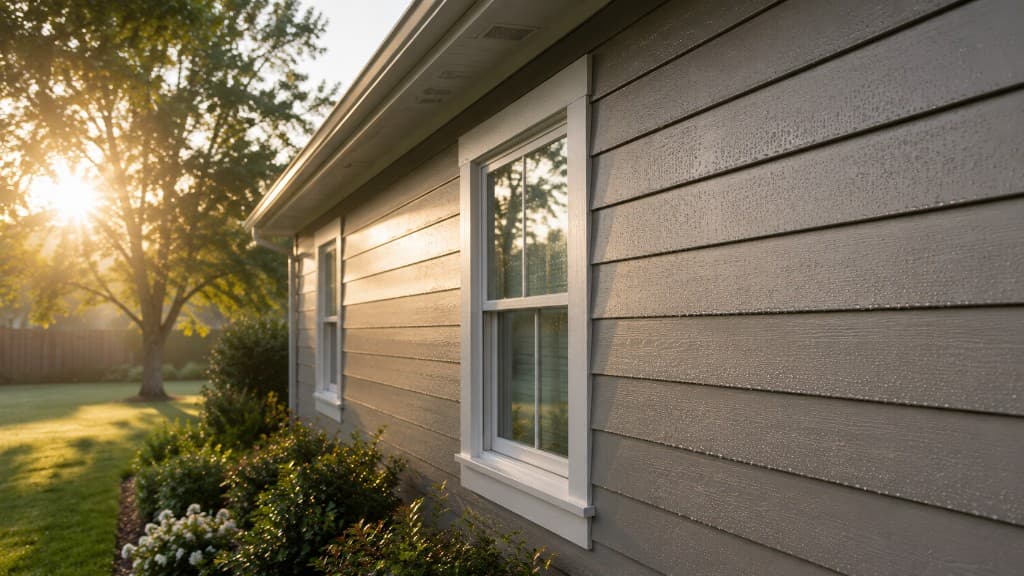 Lap siding with morning dew in golden sunlight