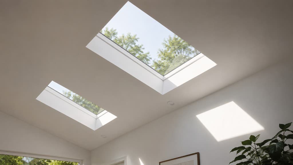 Sunlight through skylights onto a white ceiling